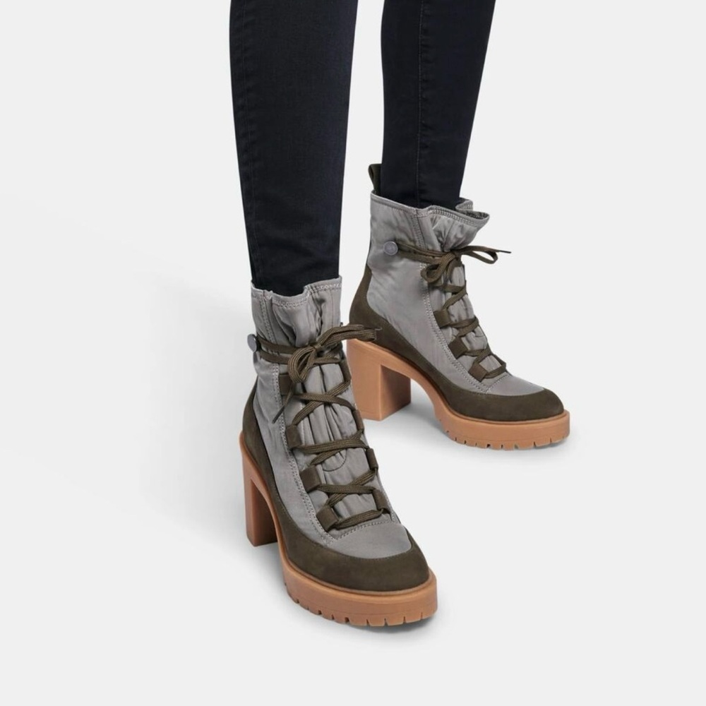 Dolce Vita Celida Chunky Heeled Booties (Green & Tan)